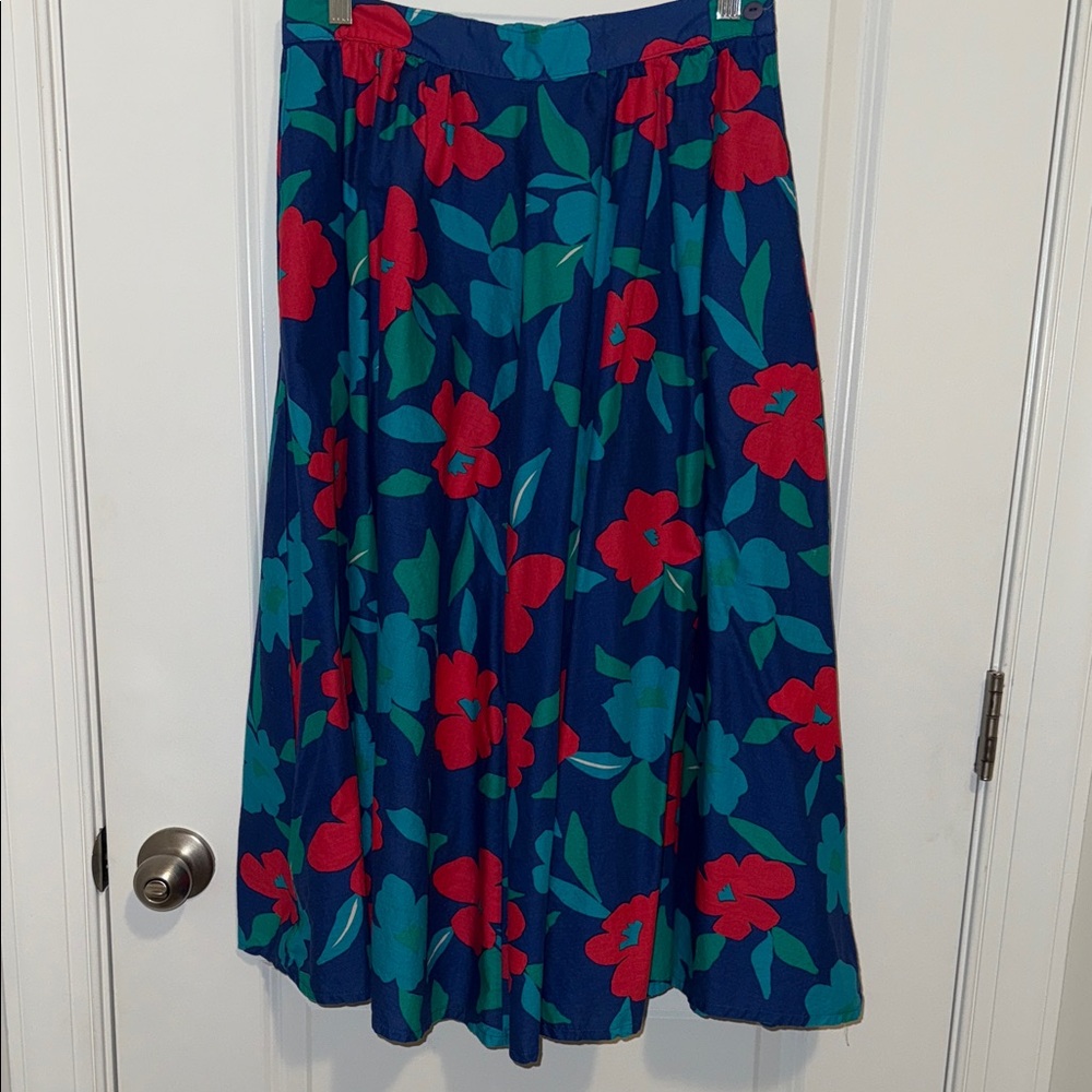 Navy Floral A-Line Midi Skirt with Red & Teal Blooms
